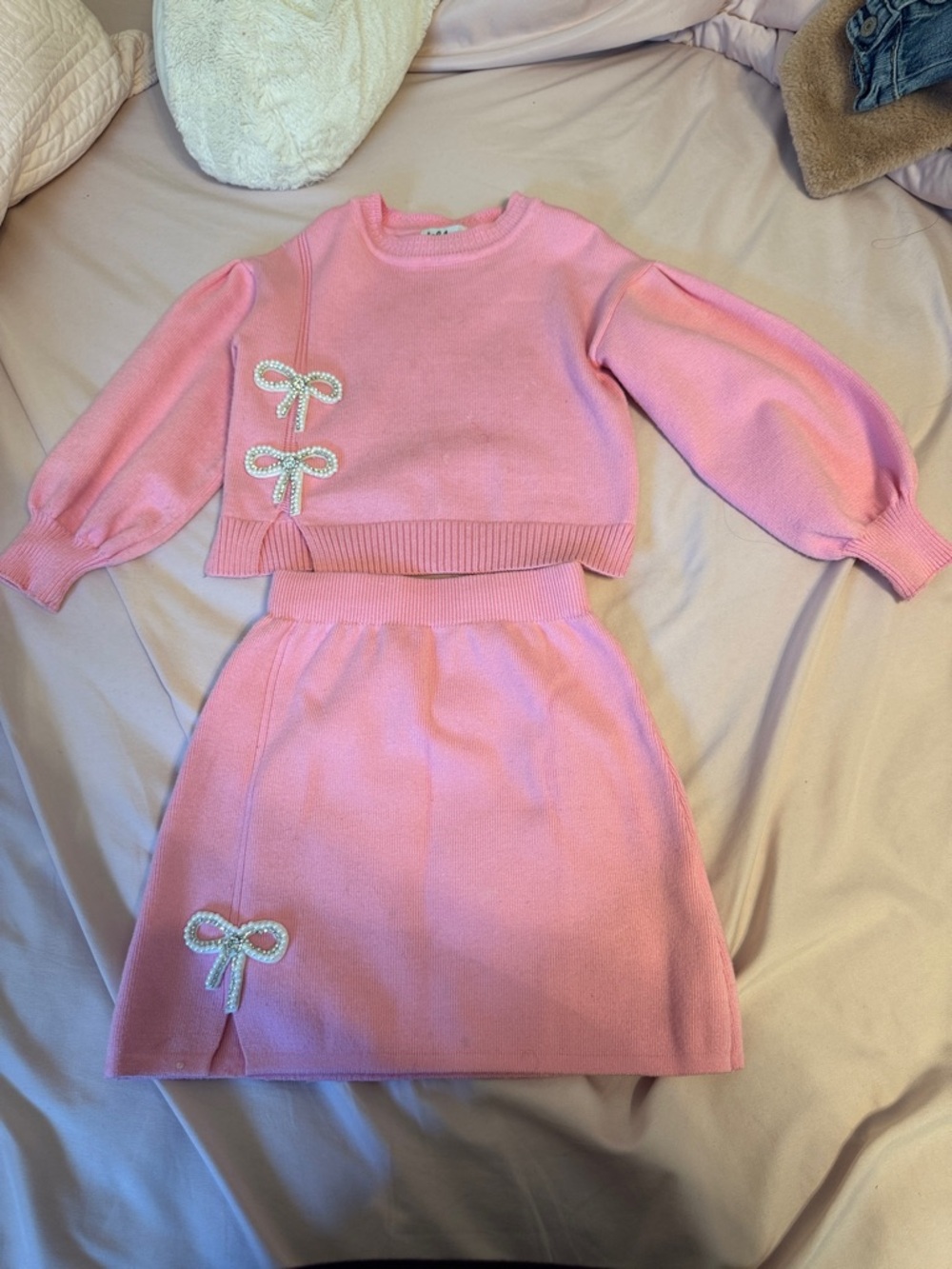 Lola + The Boys Pink Knit Sweater & Skirt Set with Pearl Bow Accents